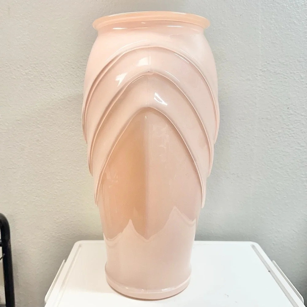 Vintage Pink Art Deco Chevron Floor‎ Vase Large Blush Cased Glass 16